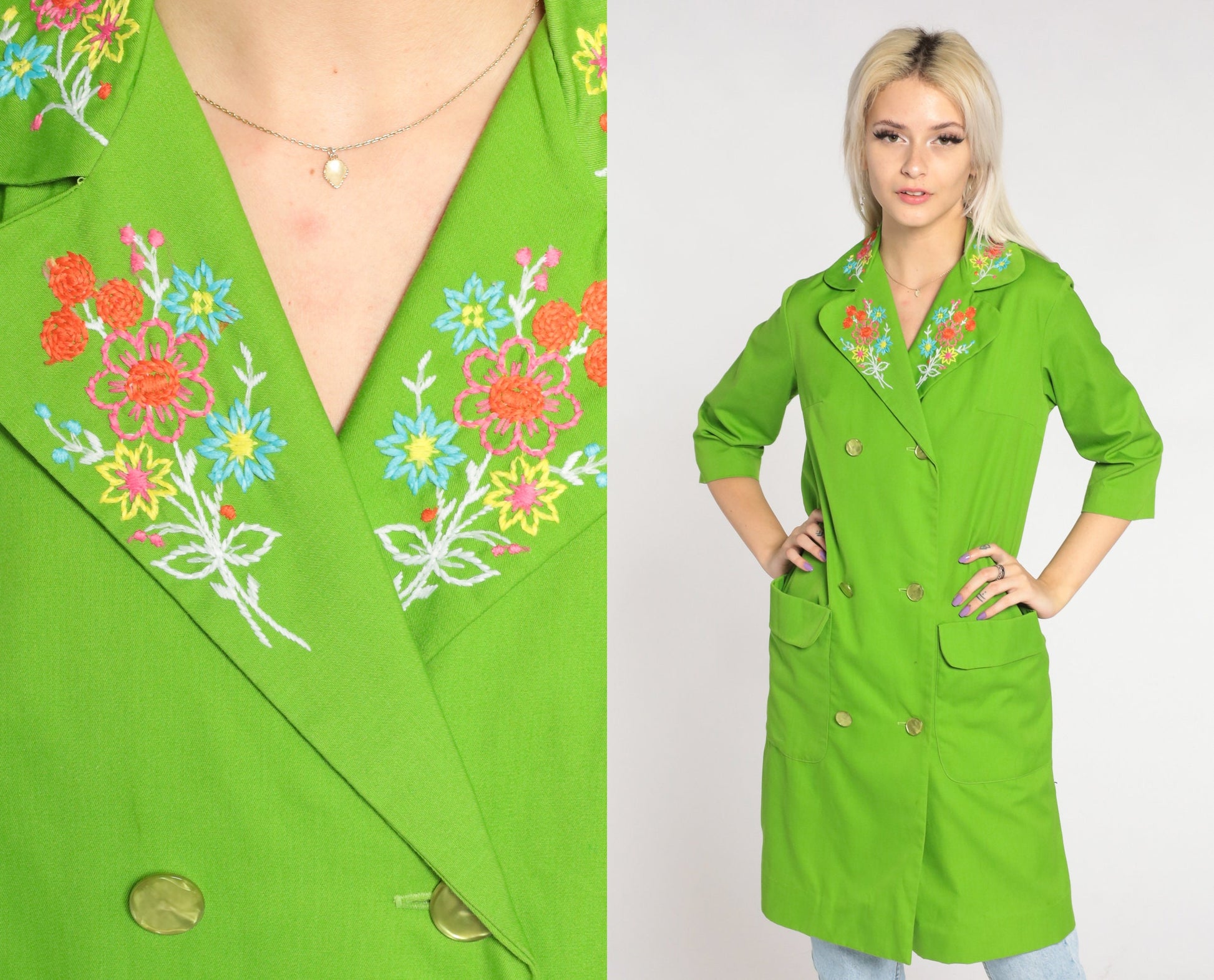 60s Lime Green Floral Embroidered Trench Coat Double Breasted 3/4 Sleeve Small