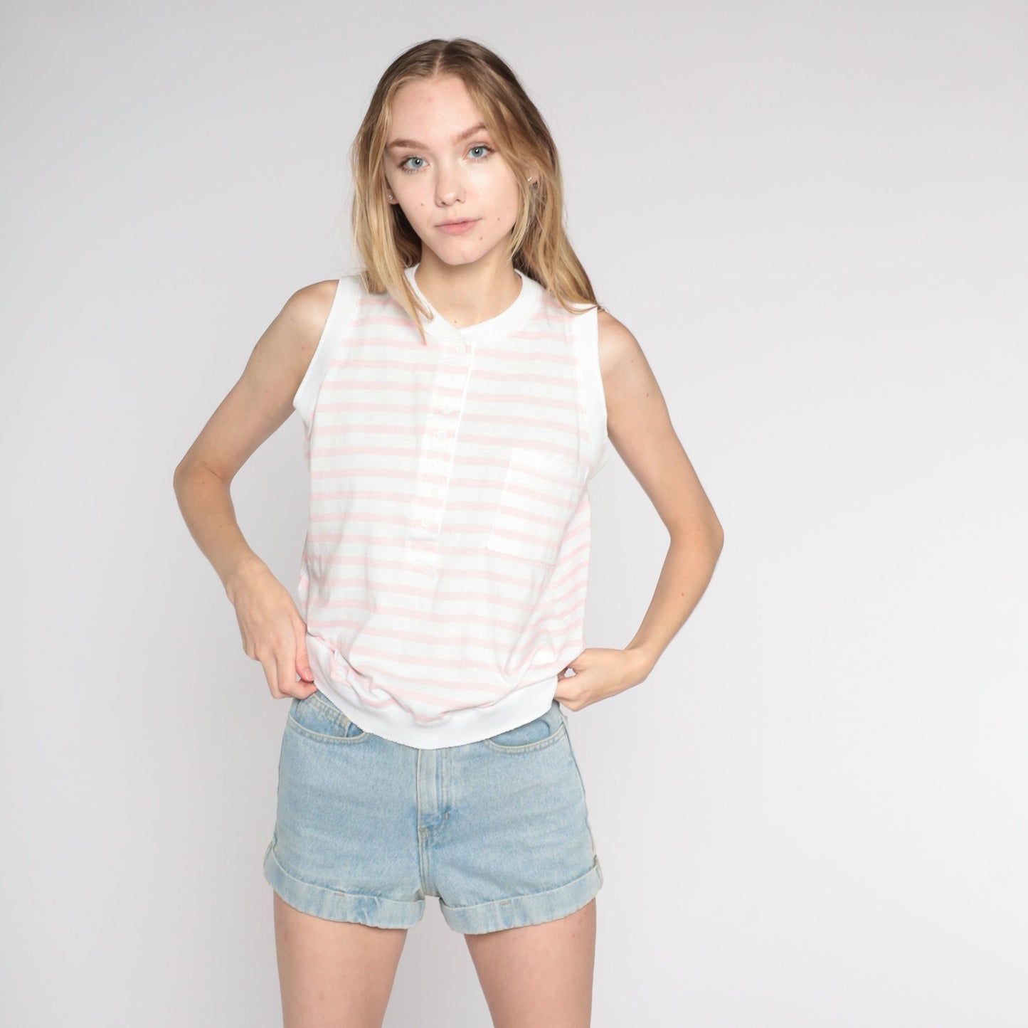 80s Pink White Striped Tank Top Cotton Henley Pocket Small