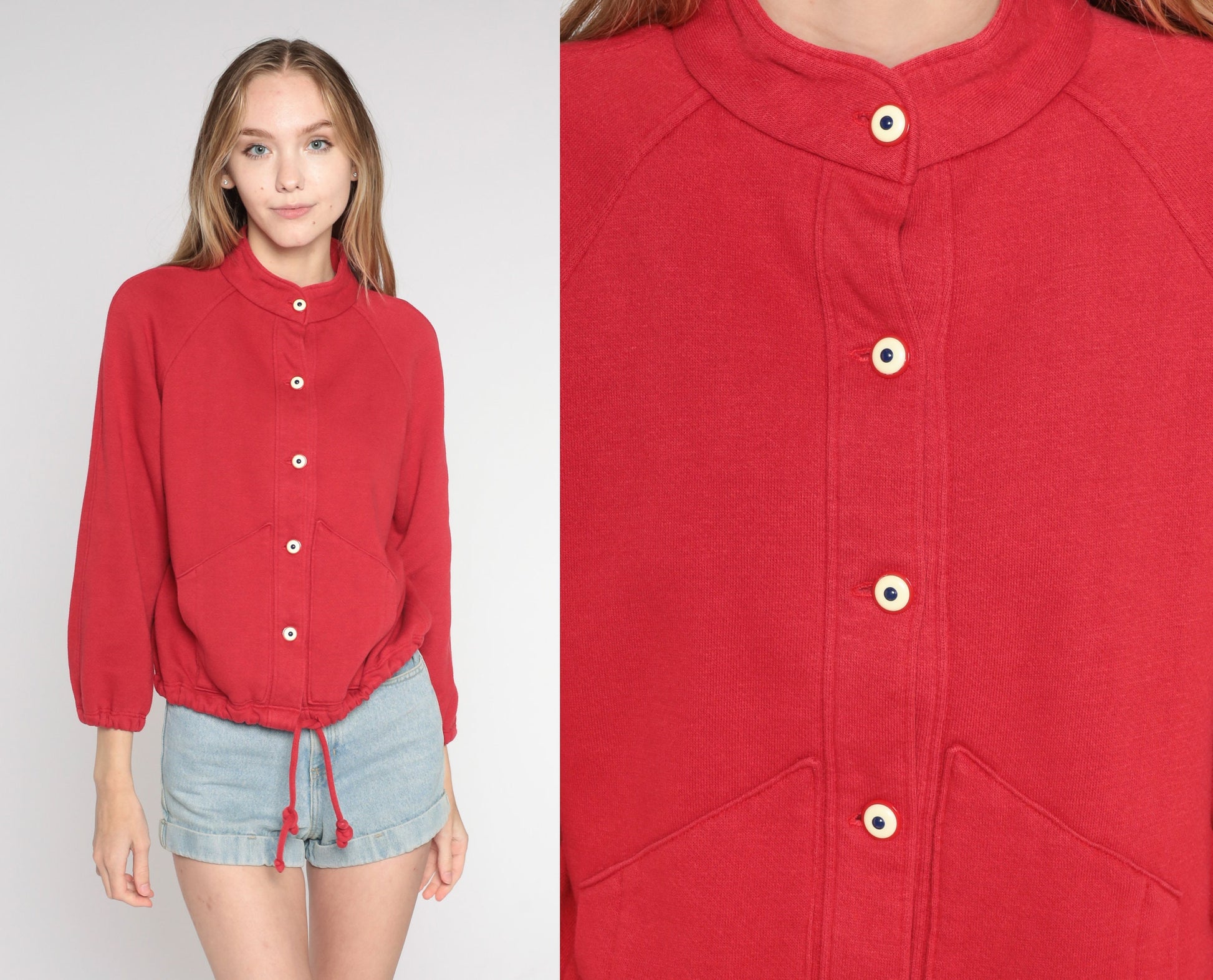 90s Red Cardigan Sweatshirt High Neck Raglan Button Up Small S