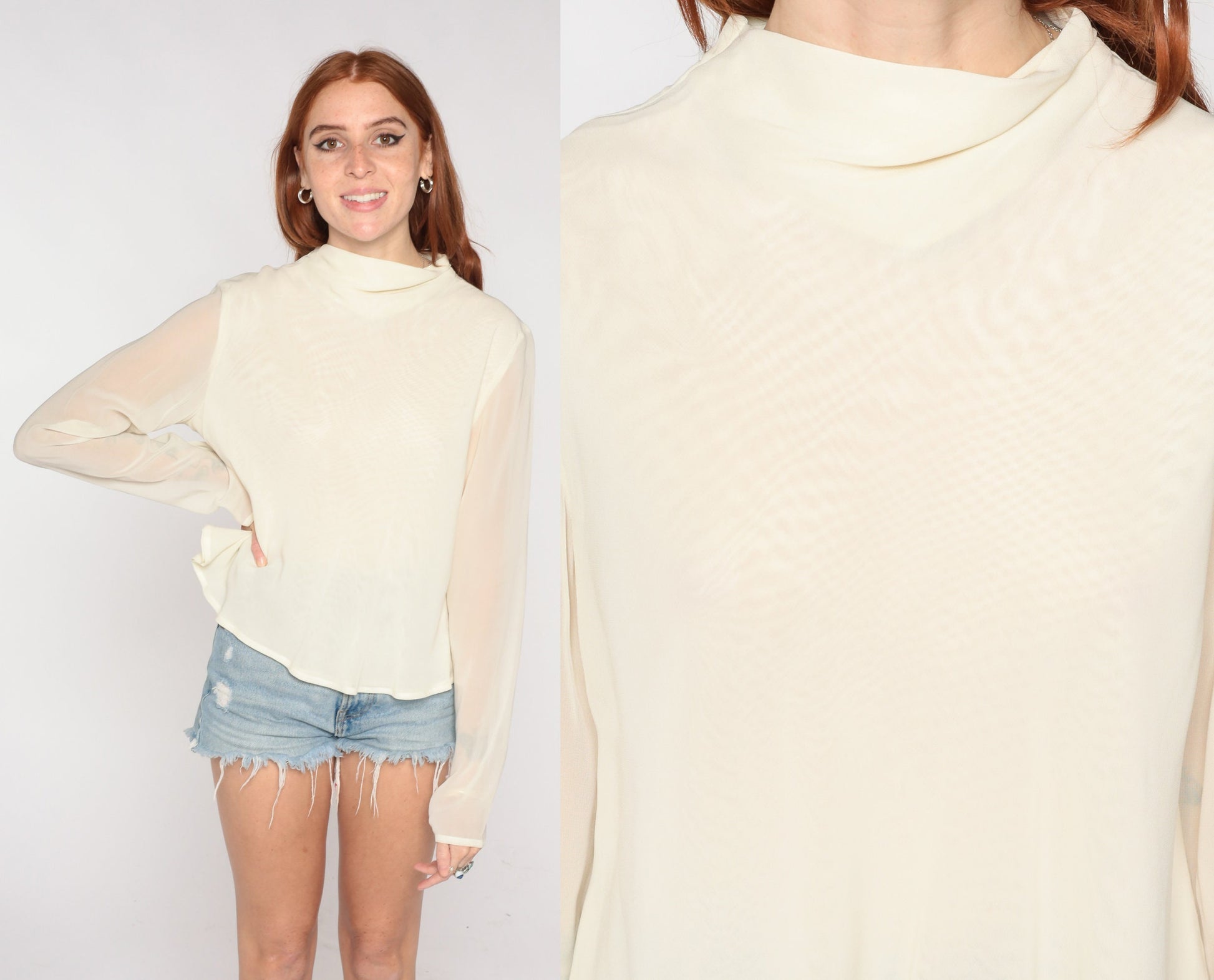 90s Cream Chiffon Mock Neck Blouse Sheer Long Sleeve Party Top Medium