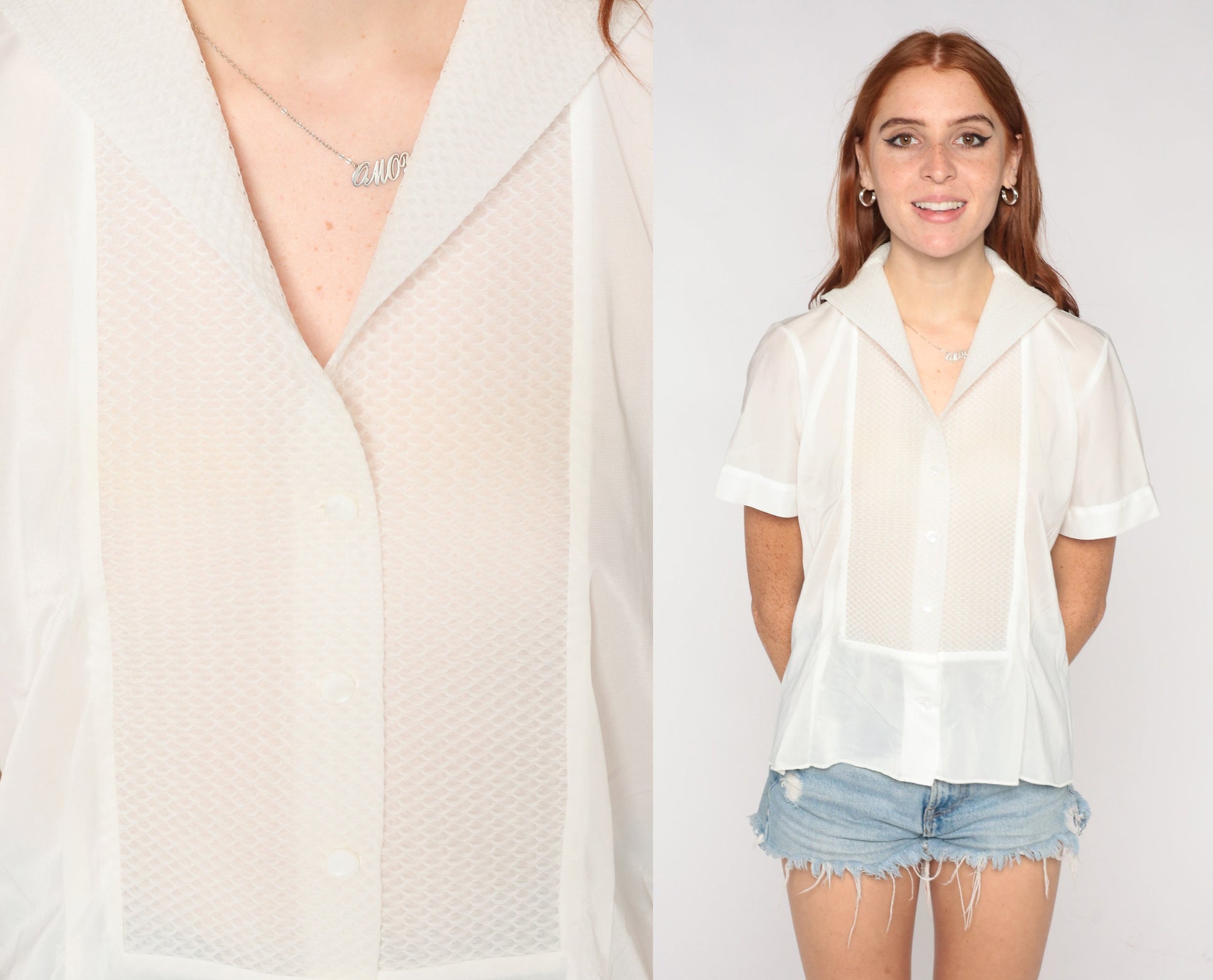 60s White Nylon Sheer Blouse Button-Up Short Sleeve Collar Top Medium