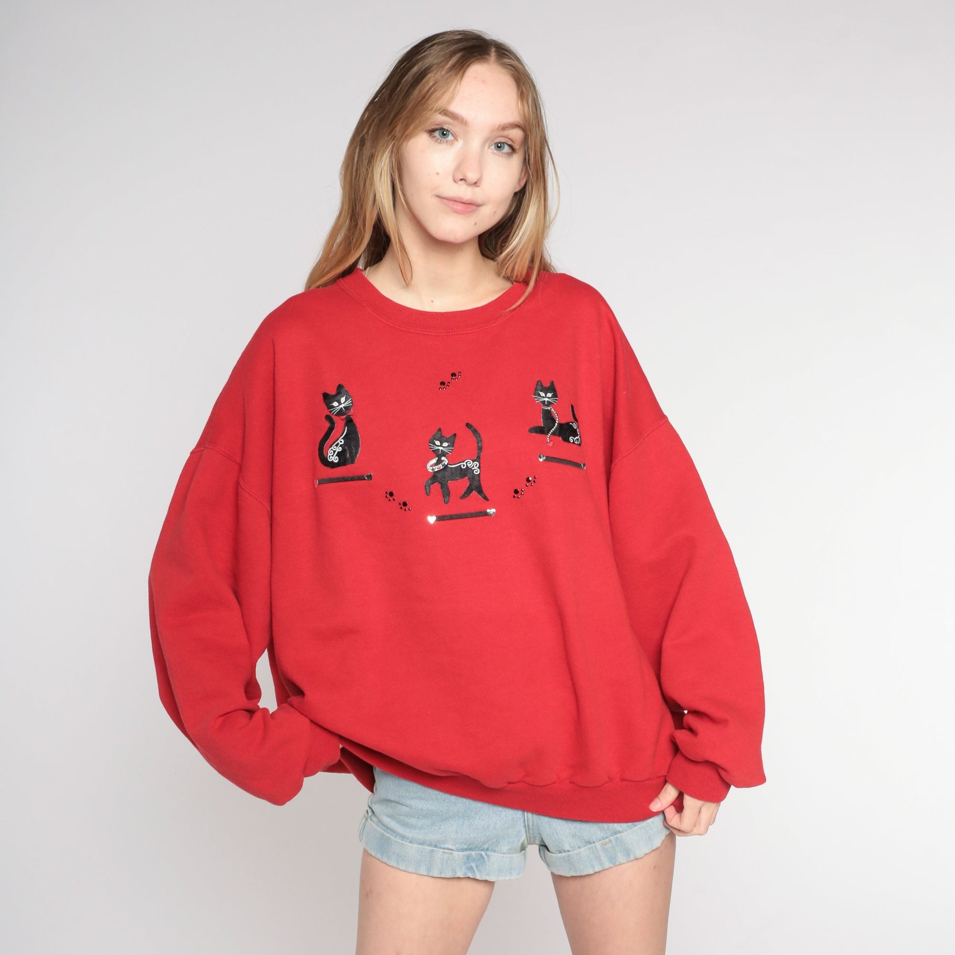 90s Black Cat Rhinestone Red Sweatshirt Plus Size XXL Beaded Paw Print