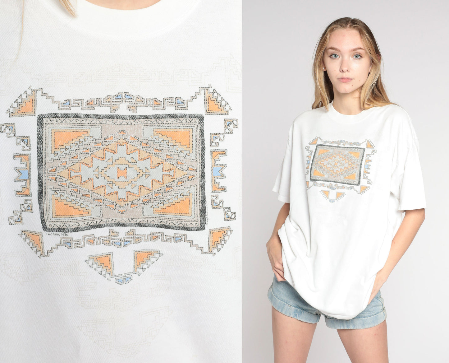 90s Navajo Eye Geometric Print T-Shirt White Cotton Southwestern Graphic Large