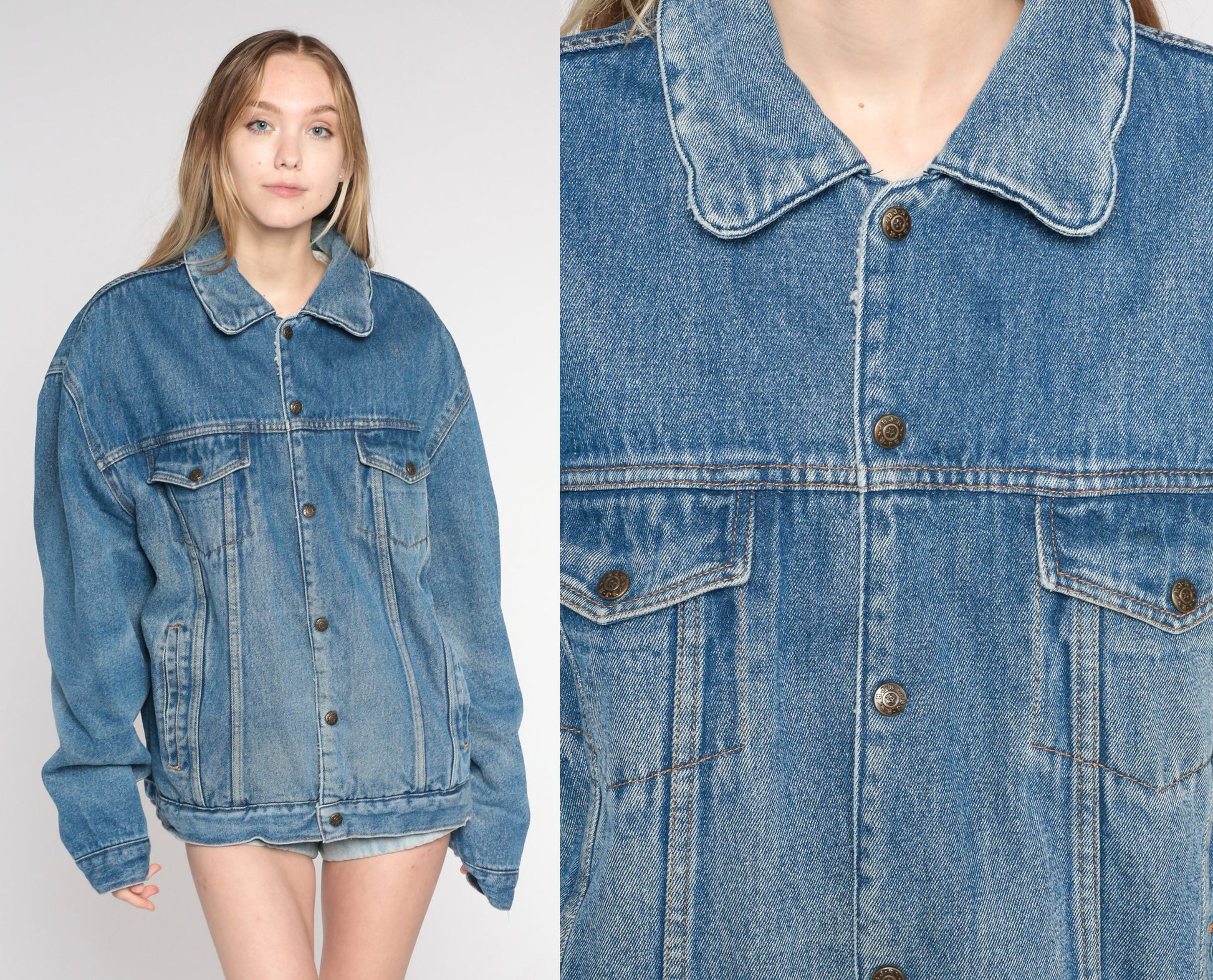 90s Blue Denim Shearling Jacket Faux Sherpa Lined Button Up Extra Large