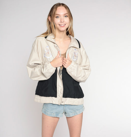 00s Windbreaker Beige Black Color Block Embroidered Ladies Zip Jacket Large L