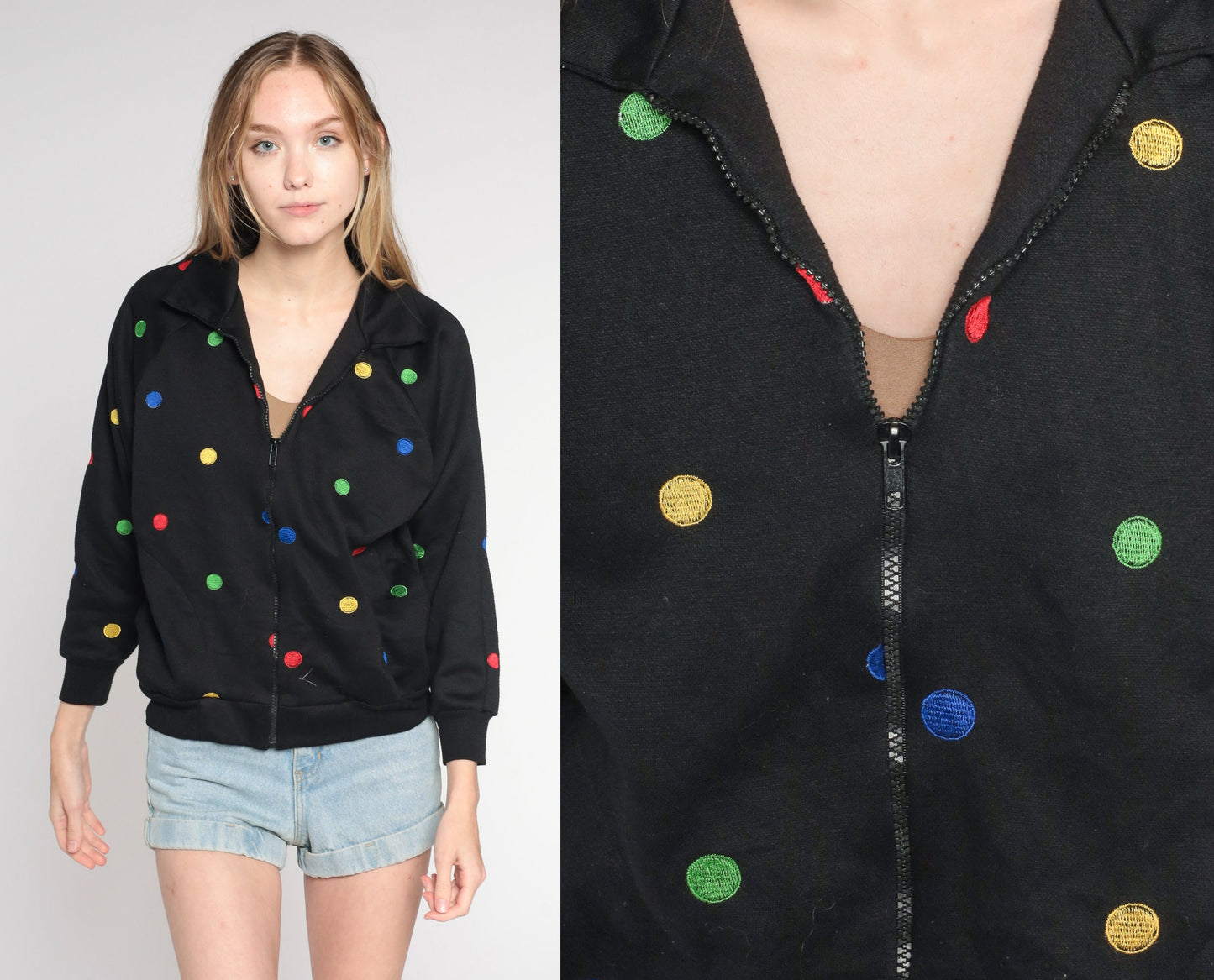 Y2K Black Polka Dot Zip-Up Windbreaker Jacket Small S