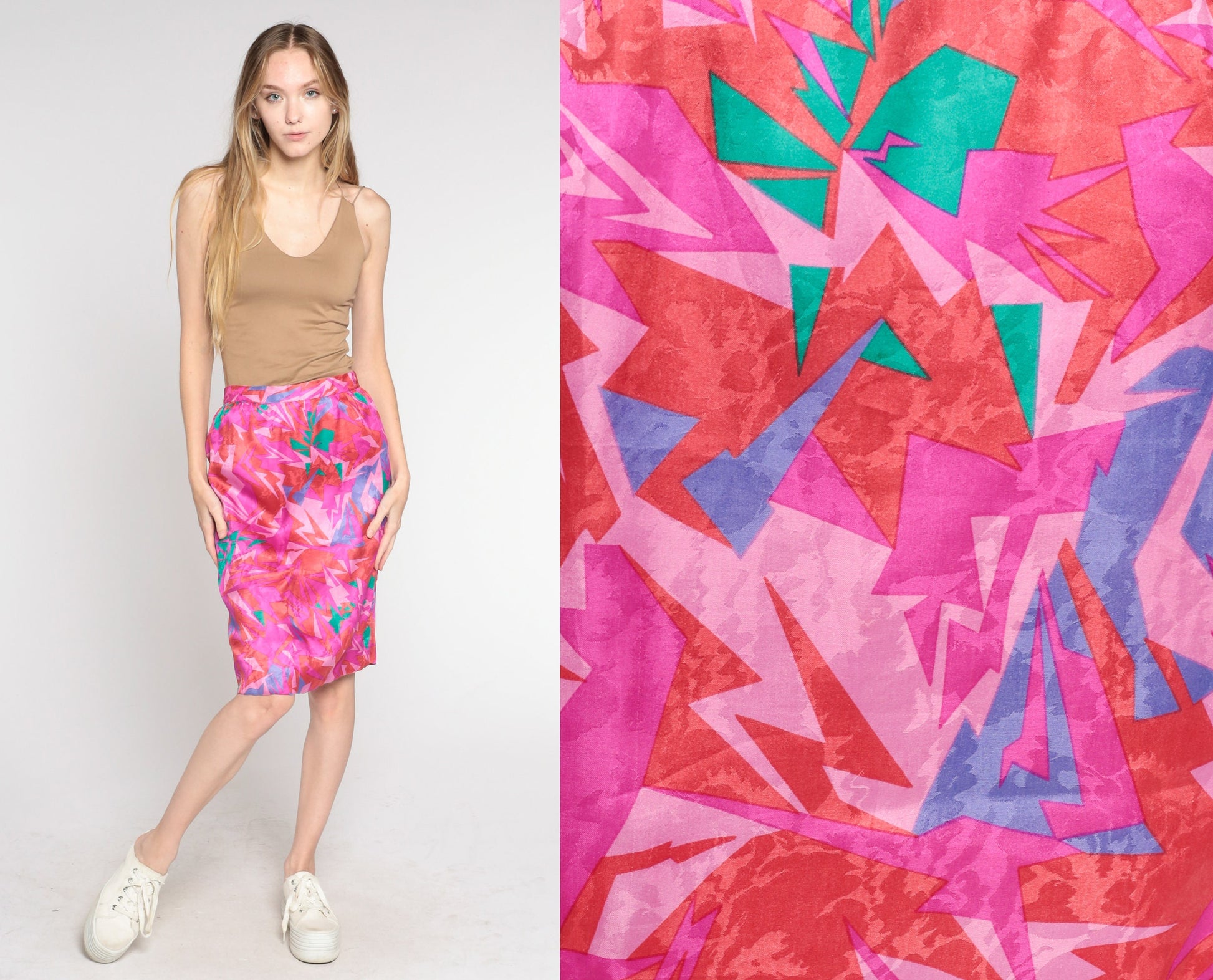 80s Pink Abstract Geometric Pencil Skirt High Waisted Mini Extra Small