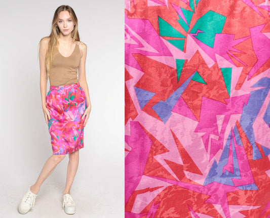 80s Pink Abstract Geometric Pencil Skirt High Waisted Mini Extra Small