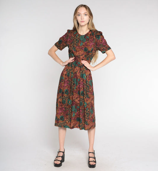 90s Brown Floral Midi Dress High Waist Puff Sleeve Pleated Rayon Small