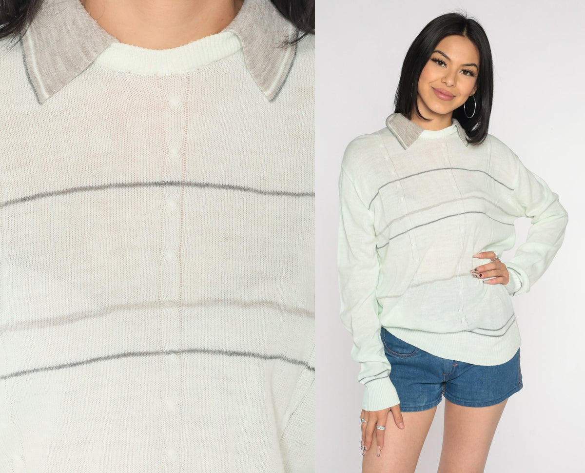 80s Light Green Cable Knit Collared Pullover Sweater Striped Grey Collar Large