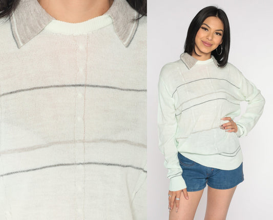 80s Light Green Cable Knit Collared Pullover Sweater Striped Grey Collar Large