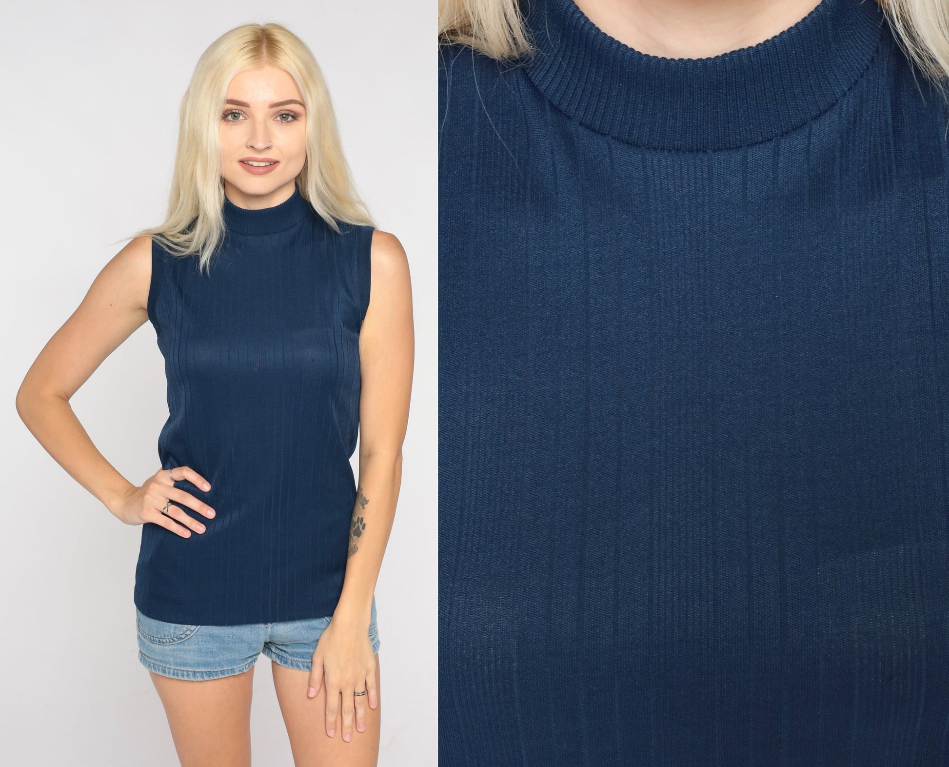 70s Navy Mock Neck Tank Top Ribbed Sleeveless Blouse Small S
