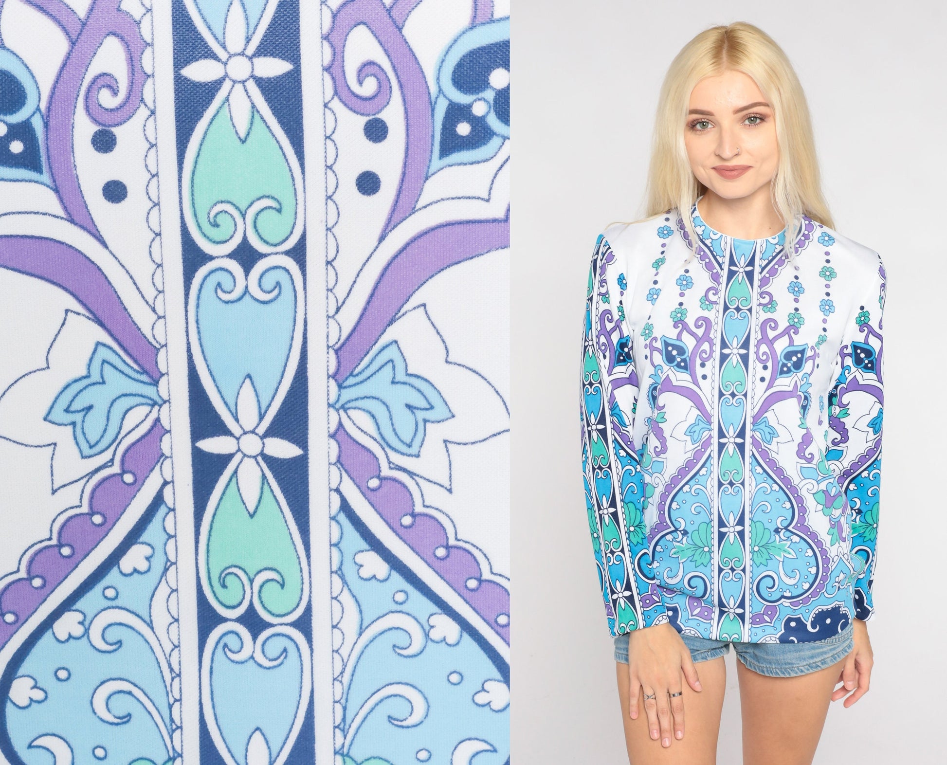 70s Floral Heart Swirl Print Blouse Long Sleeve White Blue Purple Small