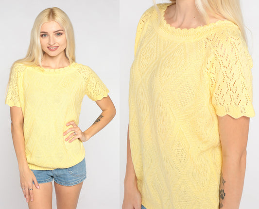 80s Yellow Knit Top Diamond Pointelle Cutout Crochet Raglan Large L