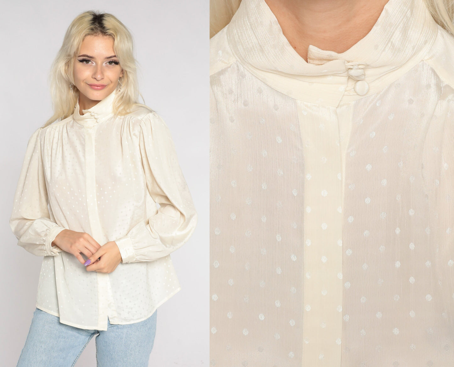 80s Cream Embossed Polka Dot Puff Sleeve Blouse Mock Neck Button Up Large