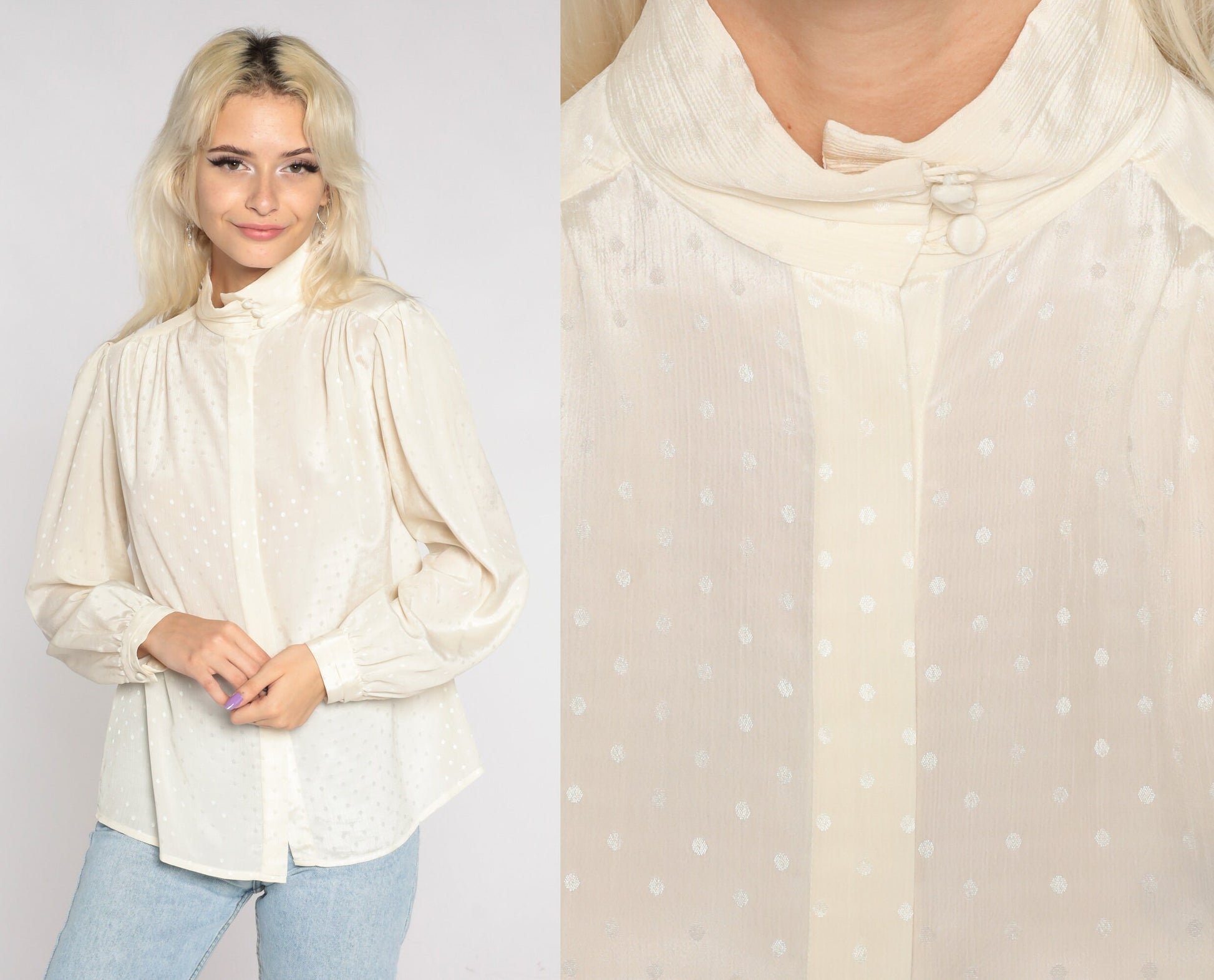 80s Cream Embossed Polka Dot Puff Sleeve Blouse Mock Neck Button Up Large