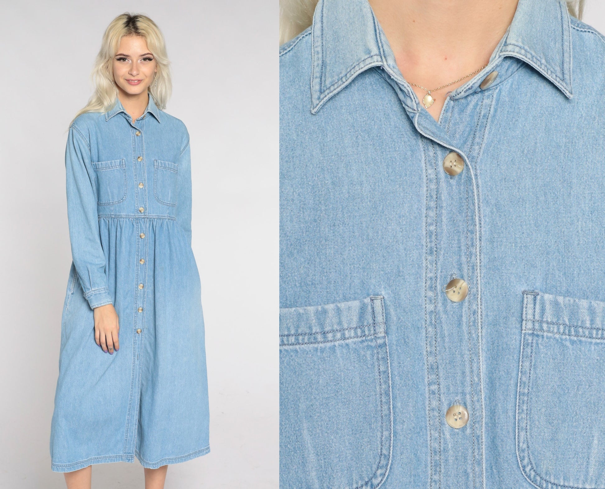 90s Blue Denim Midi Shirtdress High Waist Button Up Petite Small