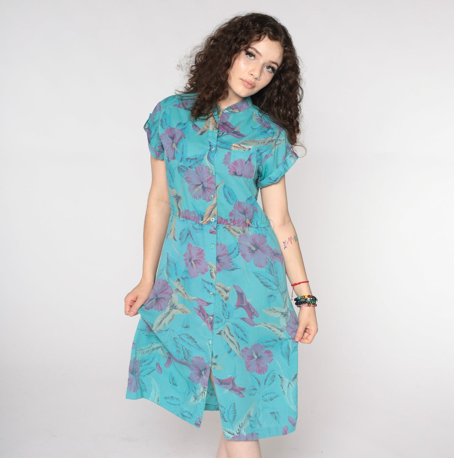 80s Floral Midi Shirtdress Blue Flower Print Button-Up High Waist Medium