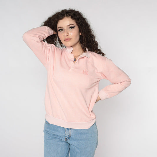 80s Anchor Crest Polo Sweatshirt Baby Pink Nautical Button Neck Small