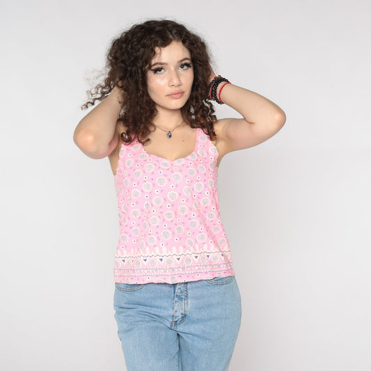 90s Pink Geometric Swirl Tank Top Scoop Neck Graphic Sleeveless Small