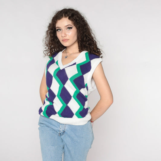 90s Geometric Diamond Sweater Vest White V-Neck Sleeveless Knit Large