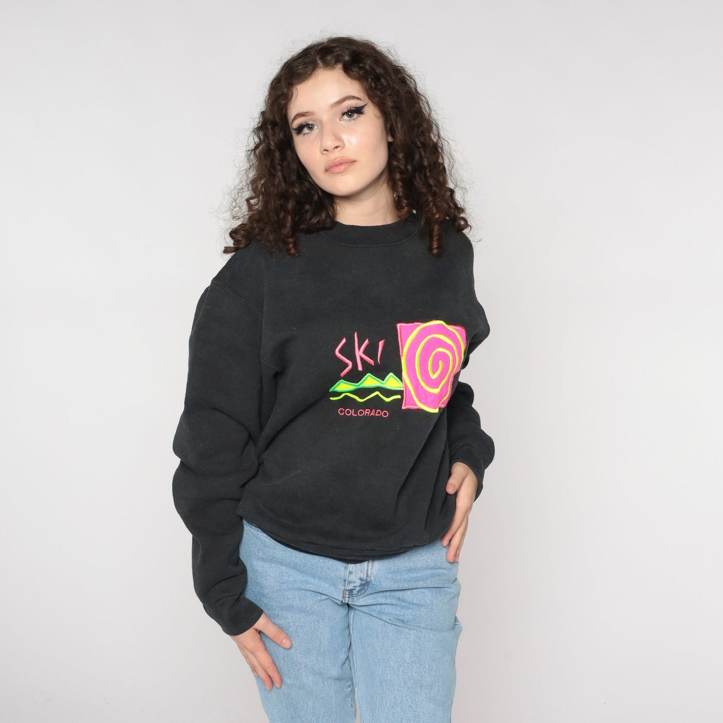 90s Ski Colorado Neon Graphic Sweatshirt Black Crewneck Medium