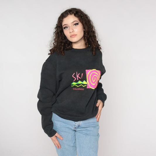 90s Ski Colorado Neon Graphic Sweatshirt Black Crewneck Medium