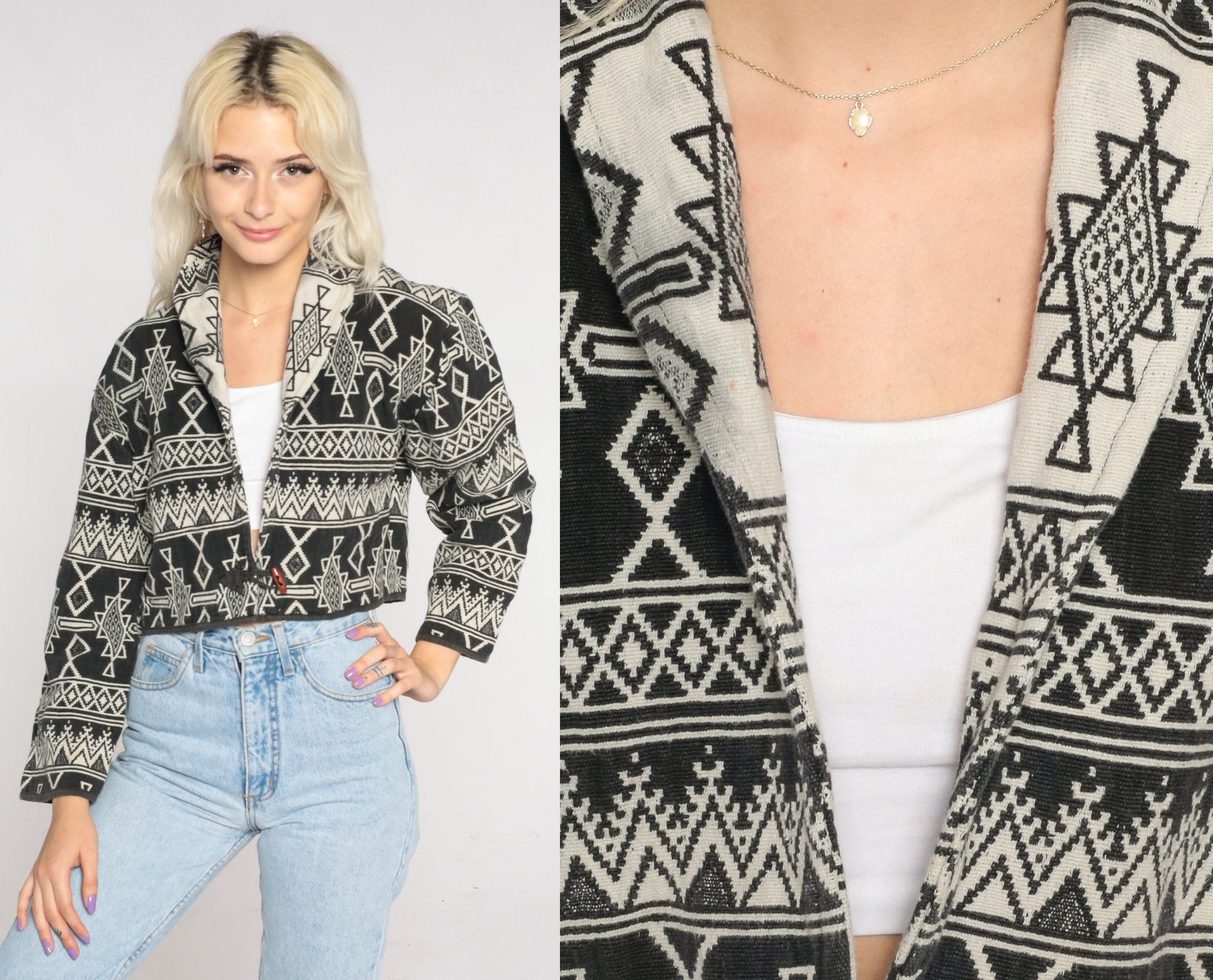90s Southwest Tapestry Blazer Black Off-White Cropped Button Jacket Medium
