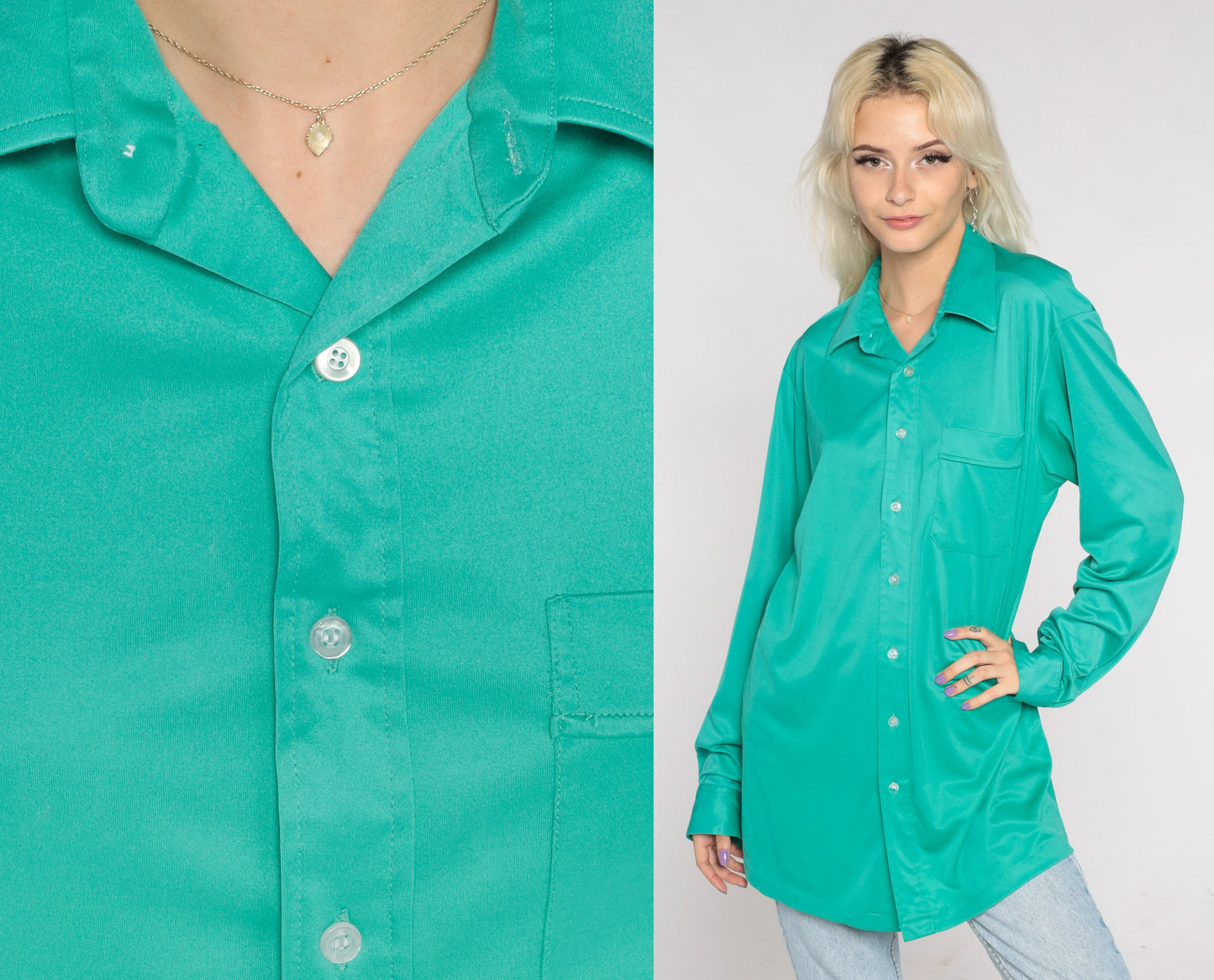 70s Green Dagger Collar Button-Up Shirt Long Sleeve Oxford Extra Large