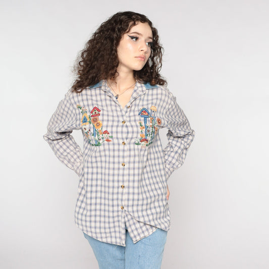 90s Plaid Floral Mushroom Embroidered Button Up Blouse Denim Collar Medium