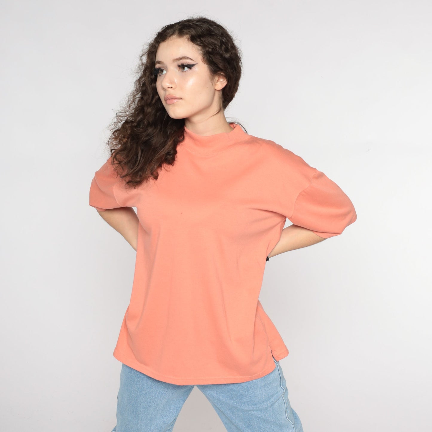90s Orange Mock Neck T-Shirt Plain Tee Cotton Blend Large L