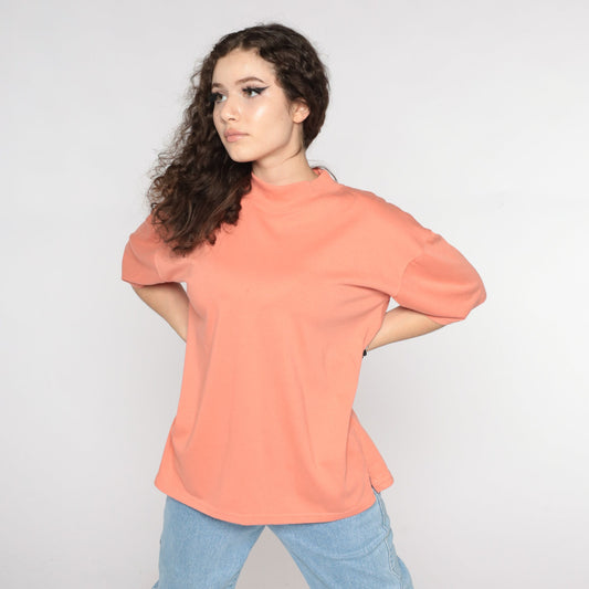 90s Orange Mock Neck T-Shirt Plain Tee Cotton Blend Large L