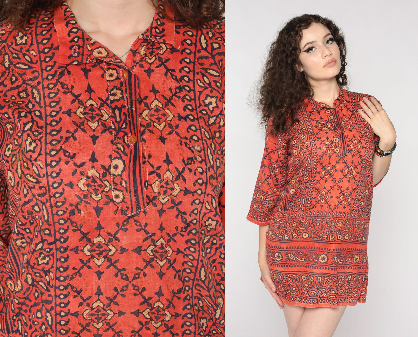 80s Floral Orange Blue Gold Tunic Dress Sheer Button Up Small