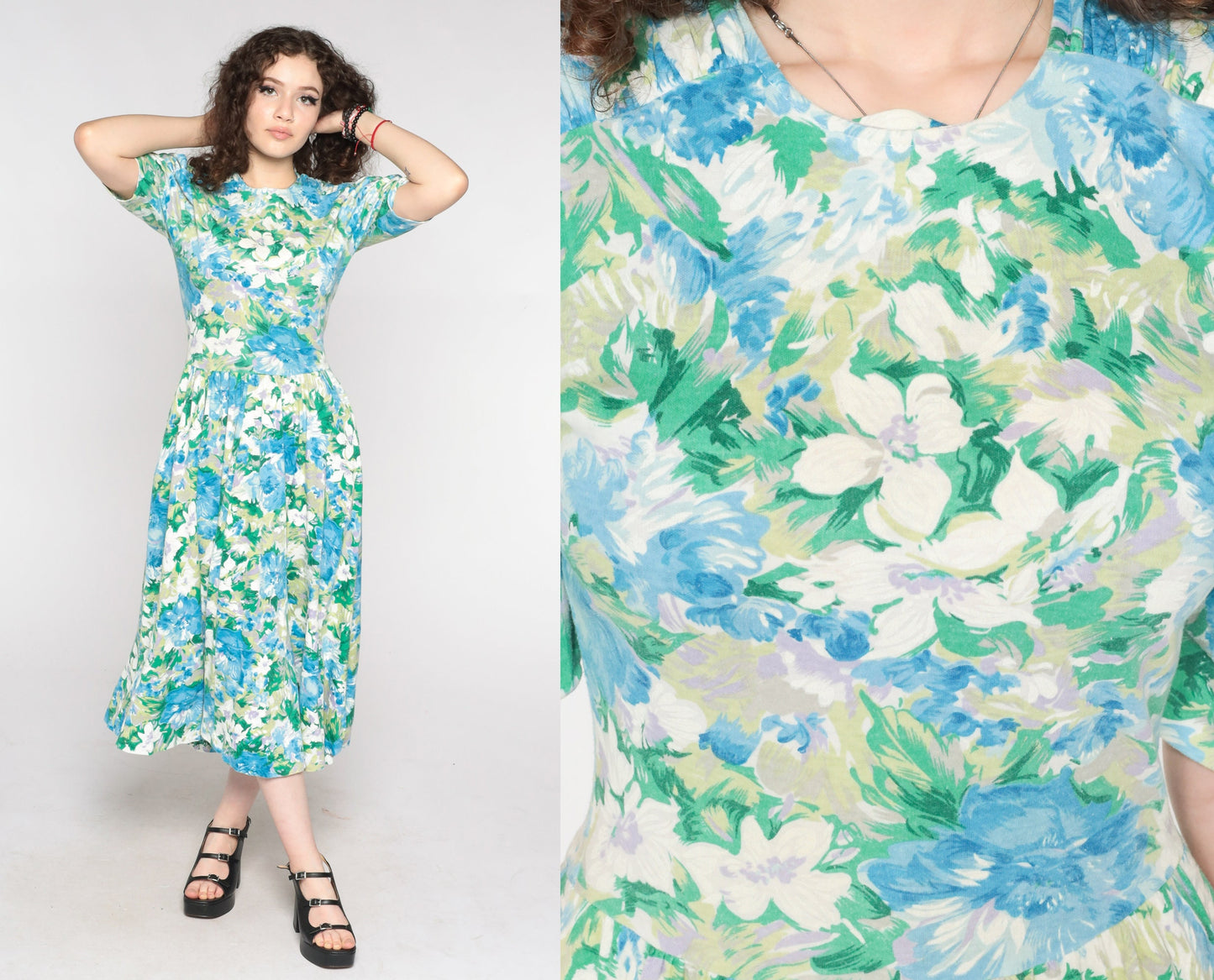 80s Floral Midi Dress Puff Sleeve Blue Green Watercolor Print Small Medium