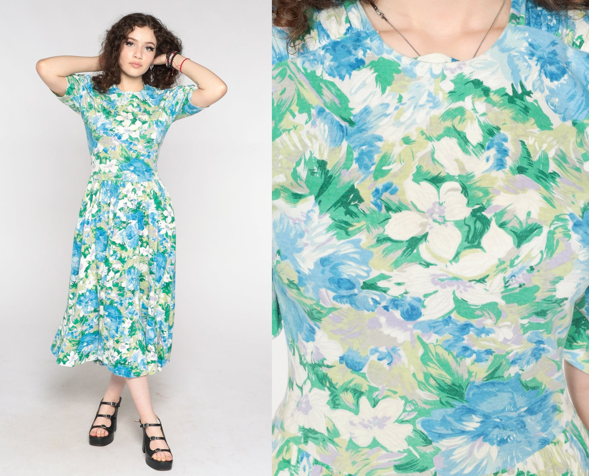 80s Floral Midi Dress Puff Sleeve Blue Green Watercolor Print Small Medium