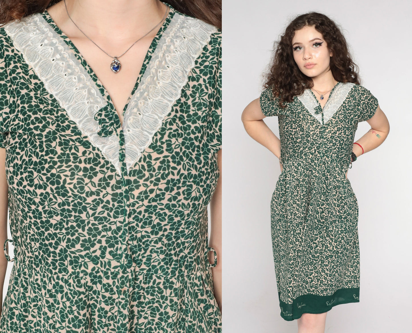 80s Pierre Cardin Green Floral Midi Dress V-Neck Lace Yoke Small