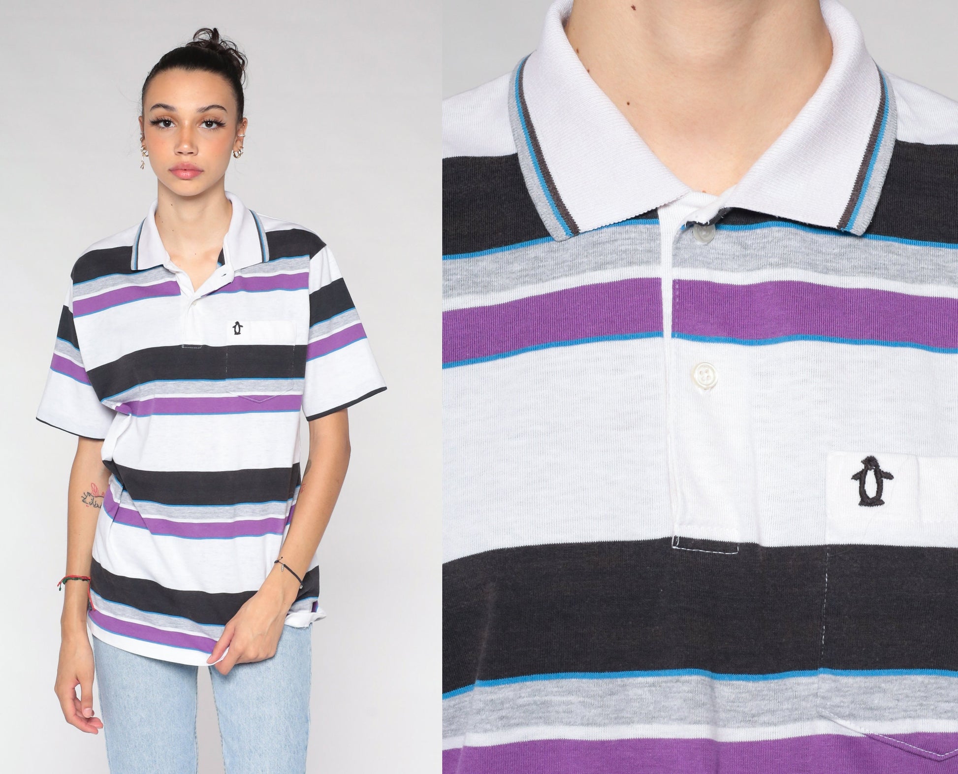 90s Penguin Club Striped Polo Shirt White Purple Half-Button Medium M