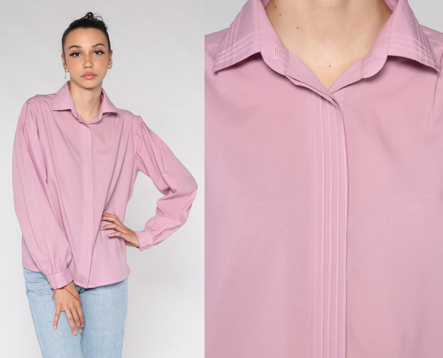 Y2K Pink Blouse Hidden Button Balloon Sleeve Collared Shirt Large L