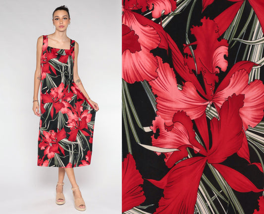 90s Black Floral Midi Dress Orchid Print Sleeveless Extra Large XXL