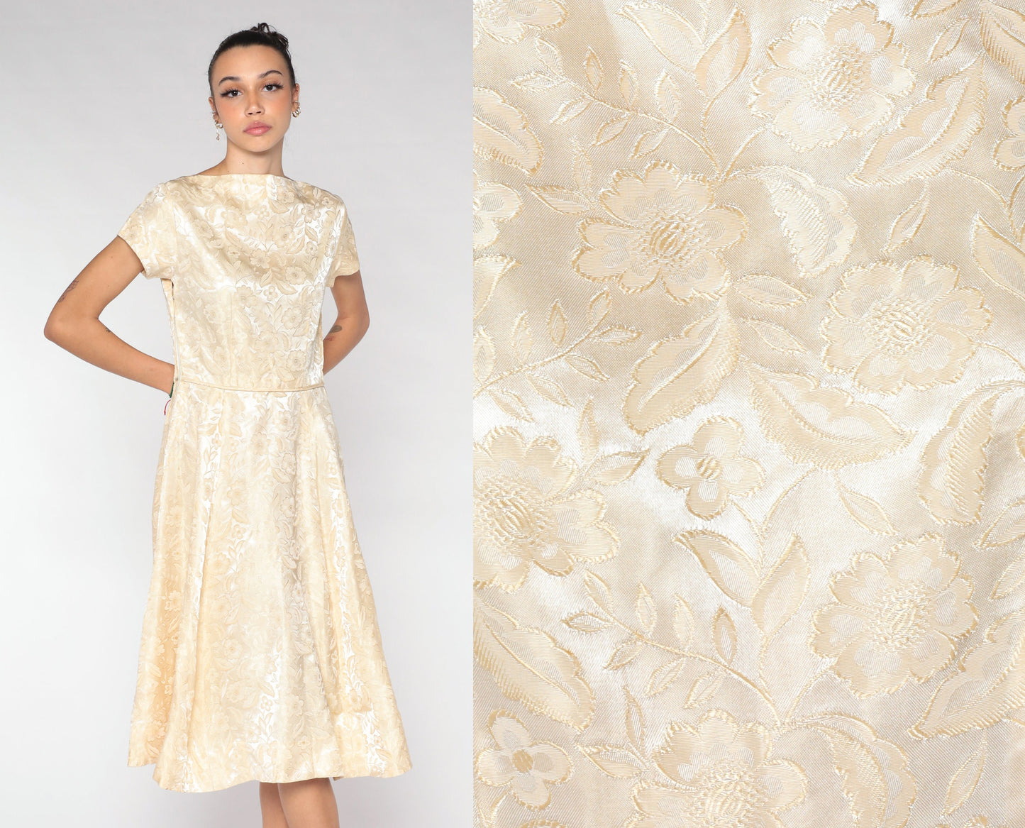 1960s Cream Brocade Floral Midi Dress Cap Sleeve High Waist Small S