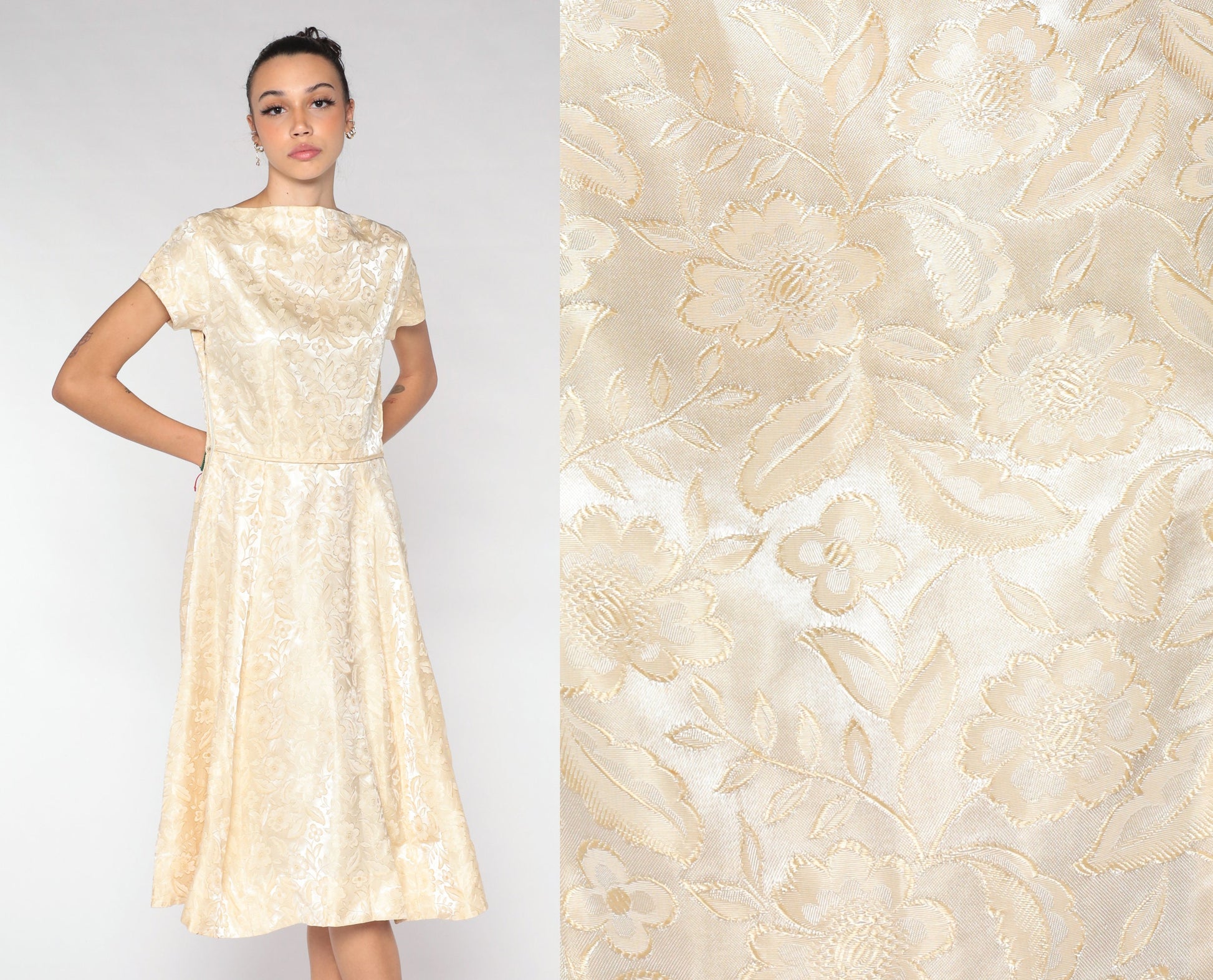 1960s Cream Brocade Floral Midi Dress Cap Sleeve High Waist Small S
