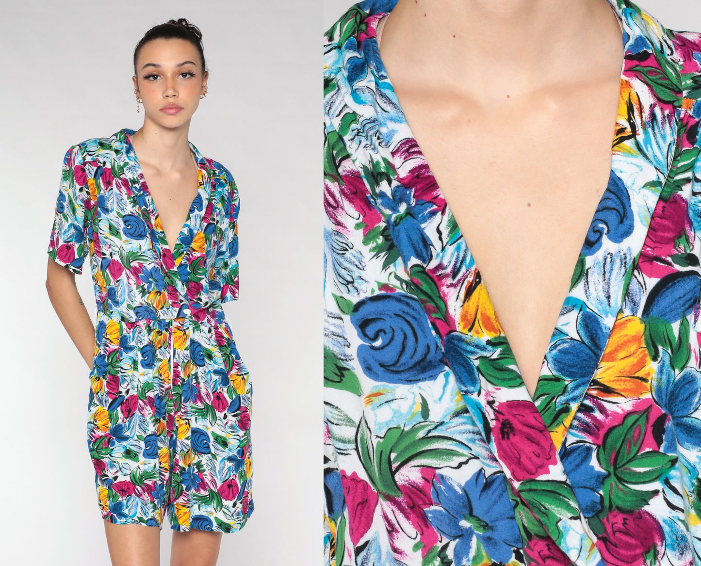 90s Blue Floral Rayon Romper Mini Playsuit V Neck Button Up Medium M