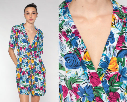 90s Blue Floral Rayon Romper Mini Playsuit V Neck Button Up Medium M