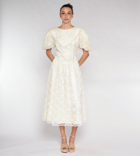 80s Off-White Lace Midi Dress Puff Sleeve Low Back Floral Embroidered Medium
