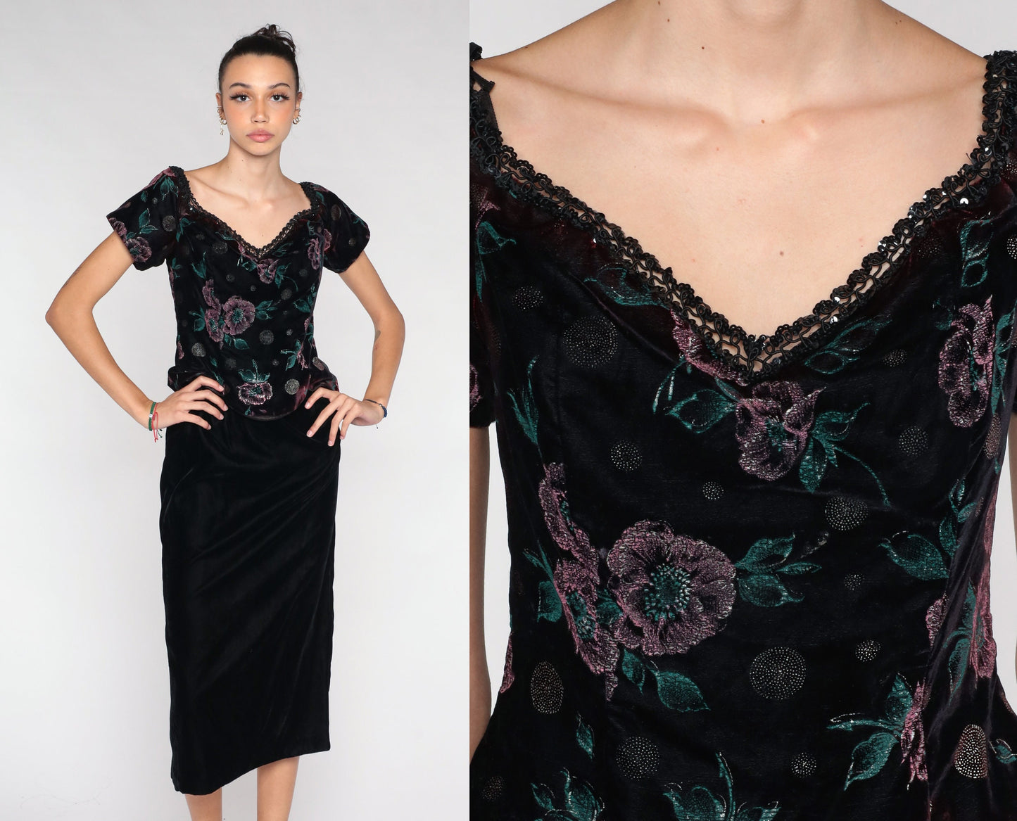 90s Scott McClintock Velvet Midi Dress Floral Bodice Wine Black Small S