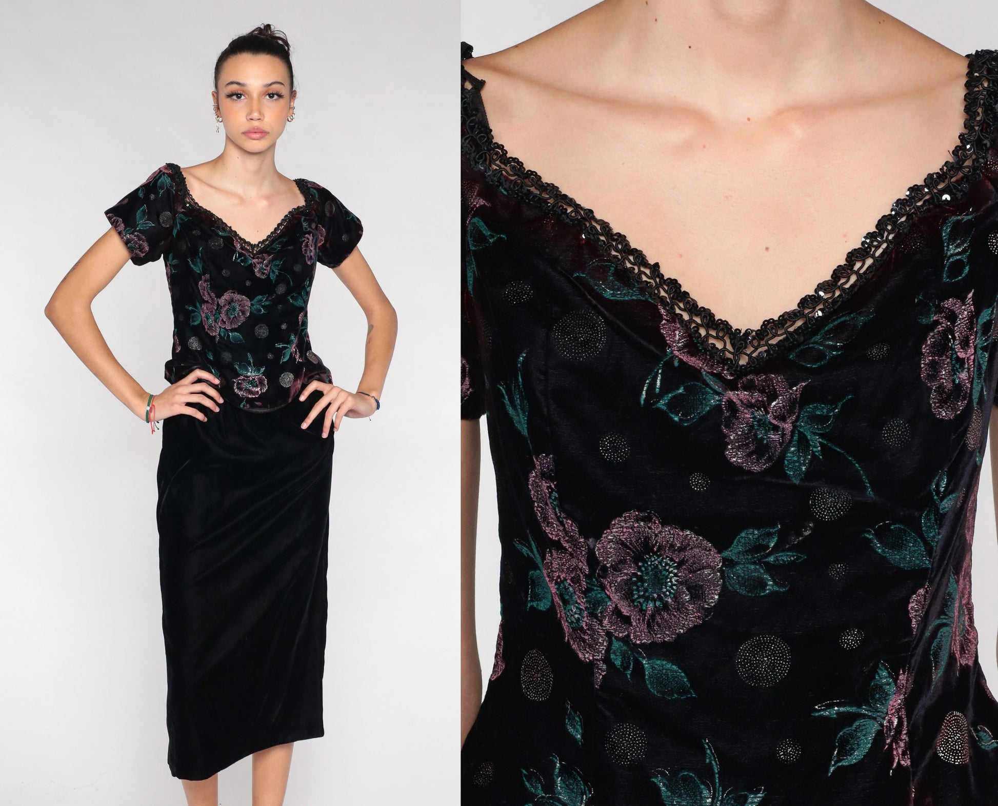 90s Scott McClintock Velvet Midi Dress Floral Bodice Wine Black Small S