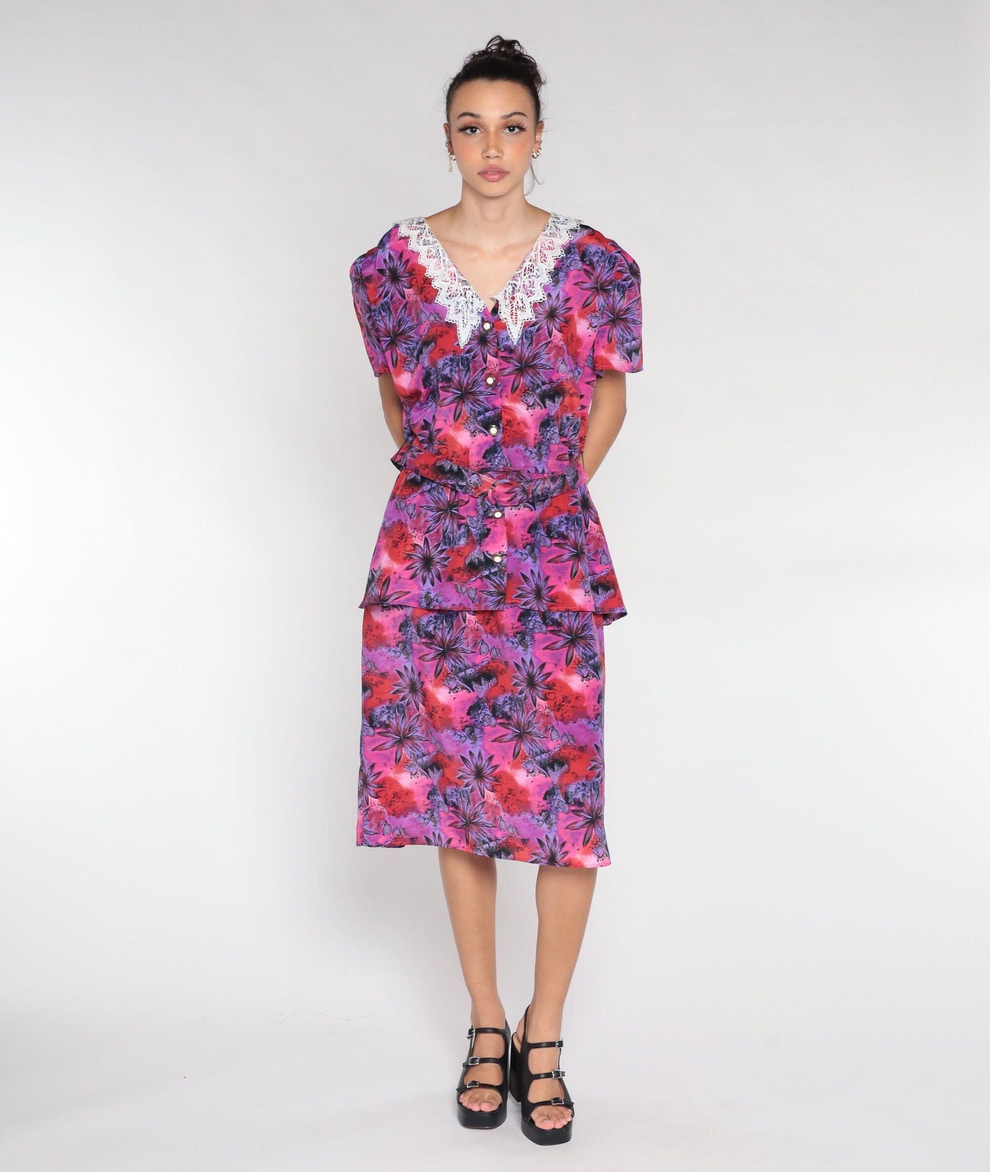 80s Floral Midi Dress Pink Purple Lace Collar Peplum Button-Up Medium