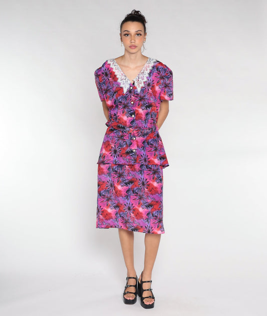 80s Floral Midi Dress Pink Purple Lace Collar Peplum Button-Up Medium