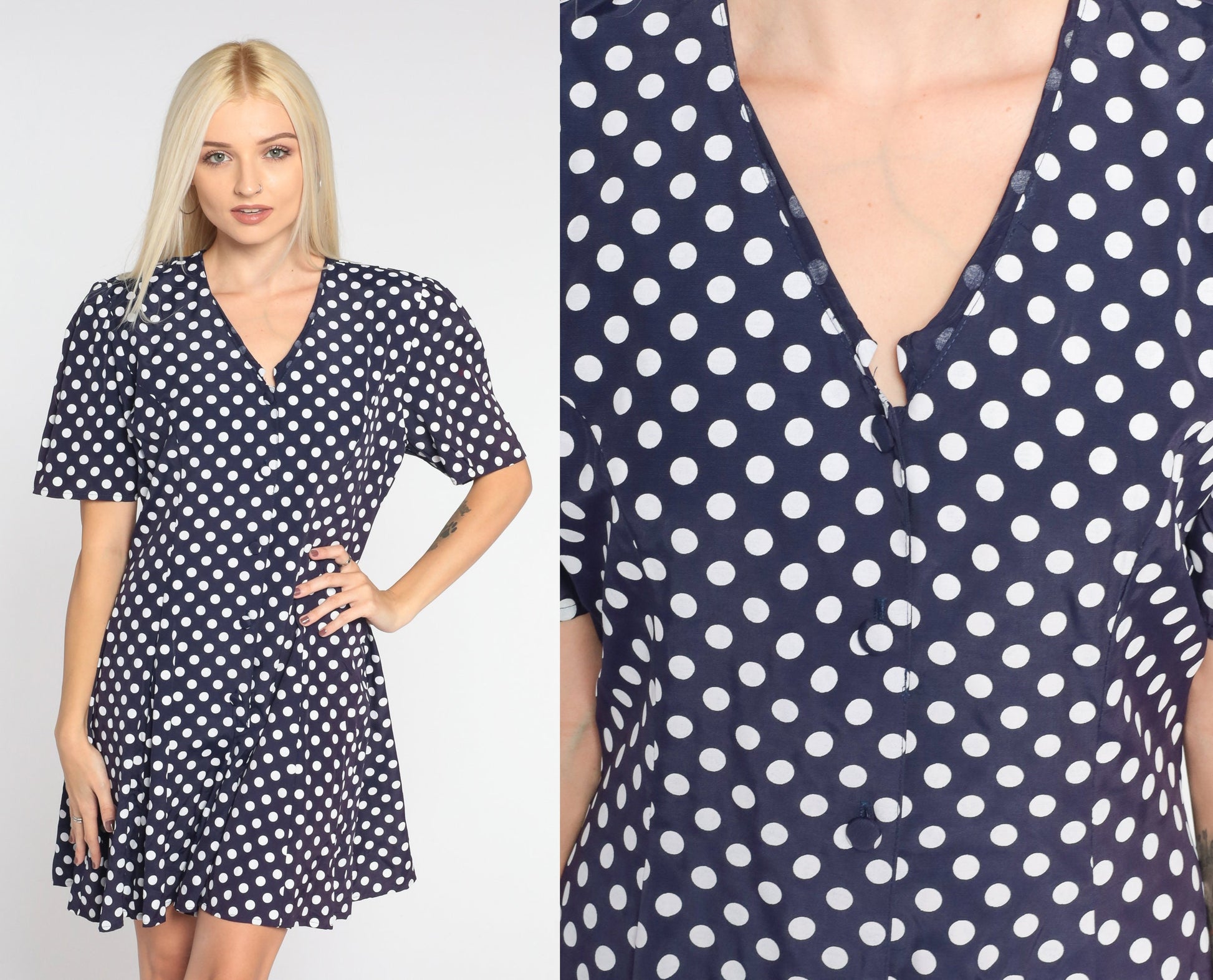 90s Navy Polka Dot Romper White Print Button-Up Short Sleeve Wide Leg Medium M
