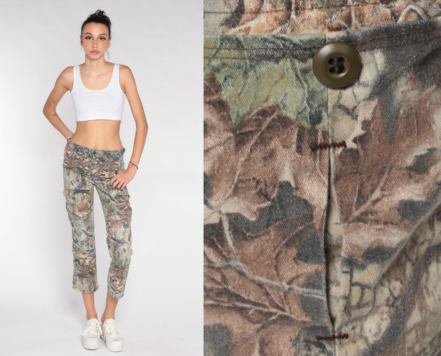 90s Camo Leaf Print Cropped Trousers Skinny Ankle Brown Extra Small